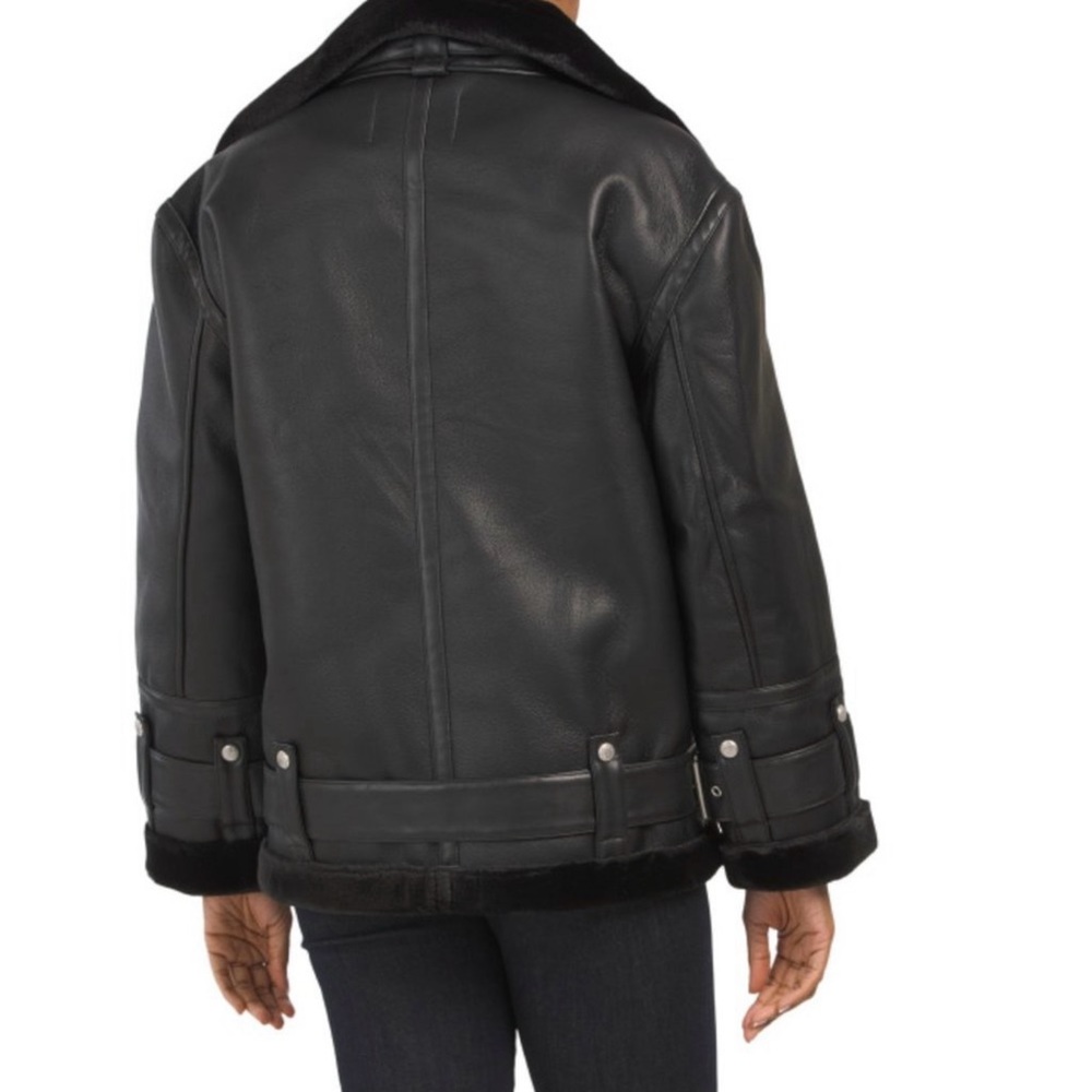 REBECCA MINKOFF Black Faux Leather Oversized Shearling Moto Jacket NWT - Picture 5 of 5